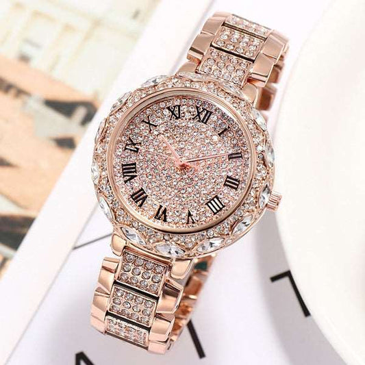 Elegant Steel Band Women's Watch with Sparkling Diamonds, Stylish Single Roman Scale Design, Quartz Timepiece with 3-Color Diamond Inlay