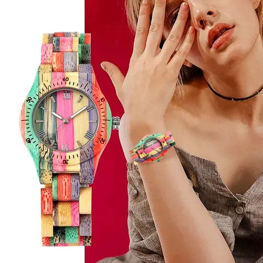 Vibrant Bamboo Wooden Women's Watch: Casual Quartz Timepiece in Multicolor Design