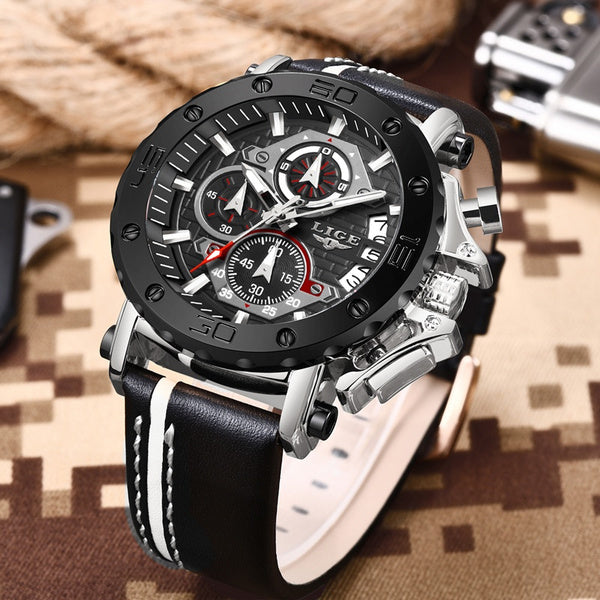 LIGE Men's Fashion Sport Quartz Watch: Luxury Leather Business Timepiece with Waterproof Design - Relogio Masculino