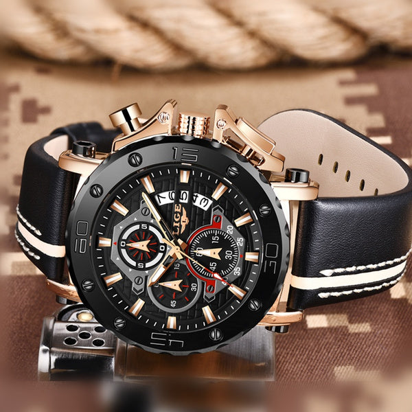 LIGE Men's Fashion Sport Quartz Watch: Luxury Leather Business Timepiece with Waterproof Design - Relogio Masculino