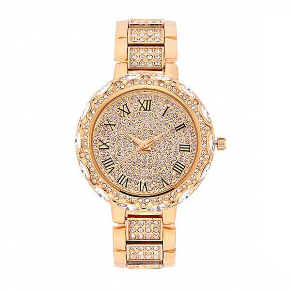Elegant Steel Band Women's Watch with Sparkling Diamonds, Stylish Single Roman Scale Design, Quartz Timepiece with 3-Color Diamond Inlay