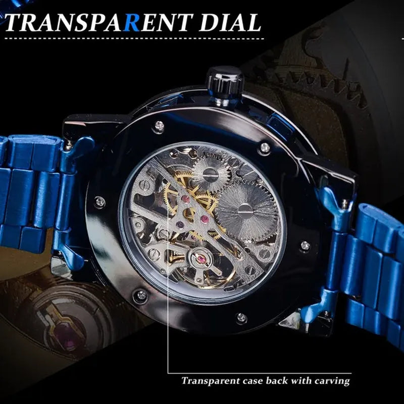 Winner Transparent Diamond Mechanical Watch Blue Stainless Steel Skeleton Watch Luxury Business Luminous Male Clock Orologio Uomo Relojes with Gift Box