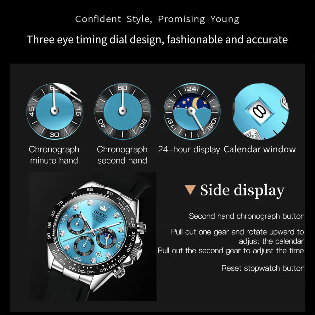 Chronograph Quartz Watch Moon Phase Silicone Diamond