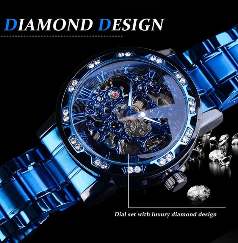 Winner Transparent Diamond Mechanical Watch Blue Stainless Steel Skeleton Watch Luxury Business Luminous Male Clock Orologio Uomo Relojes with Gift Box